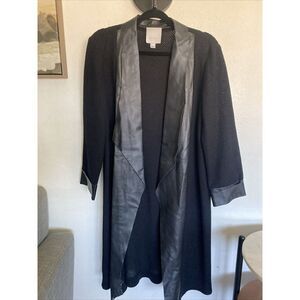 Gorgeous Misook Collection Black‎  Duster Coat Fishnet Knit Leather Trim Sz L